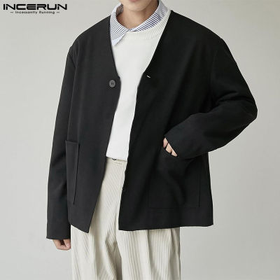 INCERUN เสื้อแจ็คเก็ตผู้ชายแขนยาวคอวีมีปุ่มเดียวเสื้อคลุมคาร์ดิแกนเสื้อคลุมหลวมๆสไตล์เกาหลี (สไตล์เกาหลี)