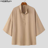 Medussa INCERUN เสื้อเชิ้ตแขนสั้นผู้ชายแบบธรรมดาหลวมสีทึบทรงหลวมแขน3/4 (สไตล์เกาหลี)