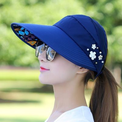 [hot]Rimiut Elegant Large Brim Flower Printed Sun Hat for Women Travel Beach Casual Summer Hats Show Ponytail Outside Sports Caps