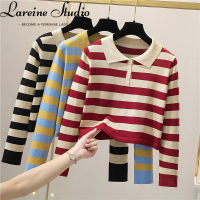 LAREINE เสื้อโปโลสำหรับผู้หญิงเสื้อสเวตเตอร์บางเดรสลายแขนยาวสไตล์เกาหลีลำลองคอโปโล Baju Rajutan สำหรับสุภาพสตรี