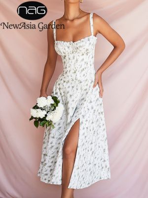 【CW】✉✼  NewAsia Floral Boned Tie Up Split  Elastic With Lining Adjustable Strapes Zip Beach Vestido 2022