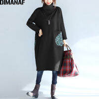 DIMANAF 2021 Women Dress Winter Turtleneck Cotton Thick Lady Vestidos Female Clothes Loose Long Sleeve Dresses Black Oversize