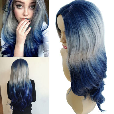 MUS Women Gradient Blue Grey Long Curly Wig Synthetic Curly Wavy Hair วิกผมทนความร้อน