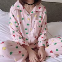 Crayon Shichan Long-sleeved Pajamas Female Cartoon Spring V-Neck Sweet and Cute Geometry Home Service Pyjamas Women Set