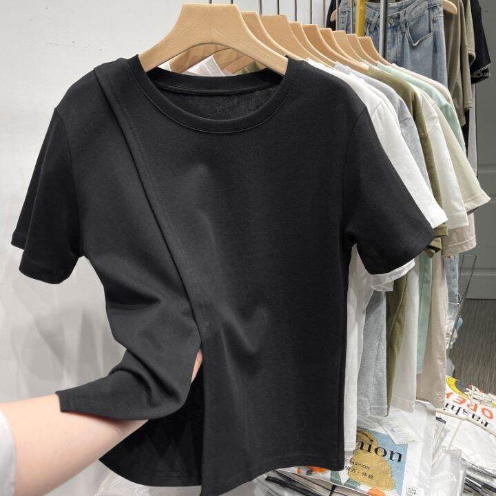 61969-เสื้อยืดแขนสั้น-ผ้าฝ้ายแท้-สีขาว-สําหรับผู้หญิง-v728