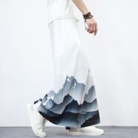 、’】【= Chinese Style Men Clothing Summer Thin Ice Silk Casual Wide Pants Loose Plus Size Hakama Harajuku Oversized Trousers