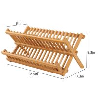 Bamboo Dish Rack Tray Rack Foldable Compact Dish Drying Rack Kitchenware Rack Storage Drainer Organizer with Chopsticks Cage