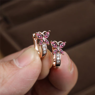 Rainbow Crystal Multicolor Zircon Earrings Female Cute Small Butterfly Hoop Earrings Rose Gold Color Wedding Earrings For Women