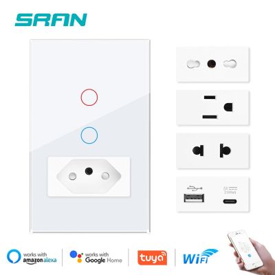 SRAN Tuya wifi smart switch and sockets BR US  118*72mm Tempered Glass Panel  Touch switch 220v Work with Google Home/Alexa