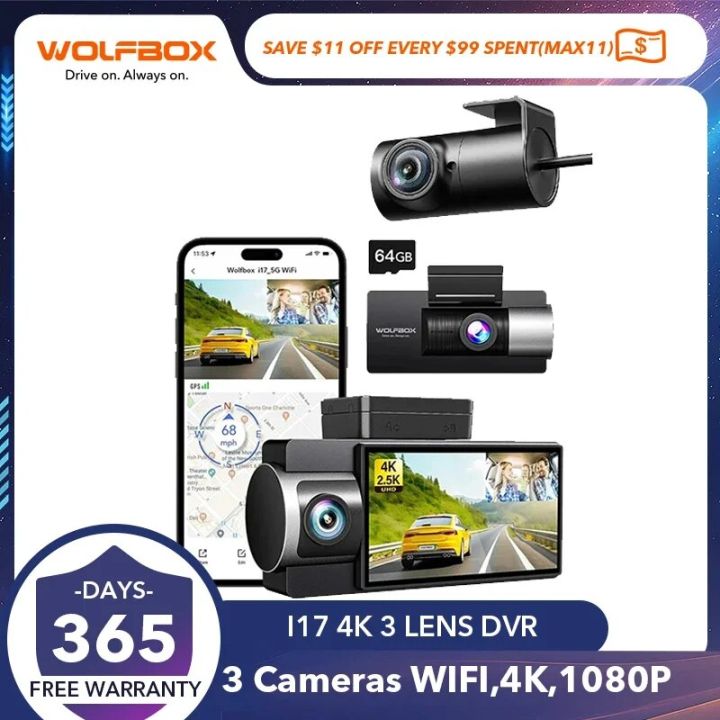 WOLFBOX i17 4K+2.5K 5G WiFi Super IR Night Vision Dash Cam