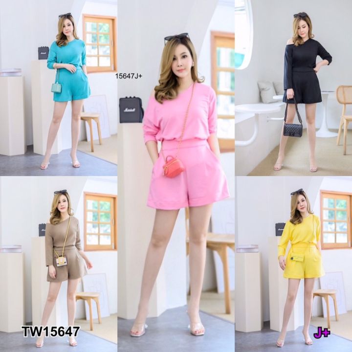 mm15647-set-2-ชิ้น-สาวอวบ-เสื้อคอปาดแขนยาว-กางเกงขาสั้น