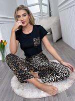 Womens Pajama Sets Short Sleeves Crop Tops&amp;Long Leopard Pants 2 Pieces Sleepwear Round Neck Tee With Pocket Nightwear Suit