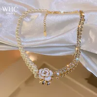 WHC Jewelry Sparkling Zircon Pearl Necklace Luxury Korean Design Flower Choker for Women