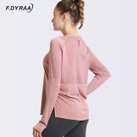 F.DYRAA 2022 New Net Yarn Patchwork Shirt Women Sports Long Sleeve T Shirts Quick Drying Loose Gym Yoga Tops T shirt Sportswear