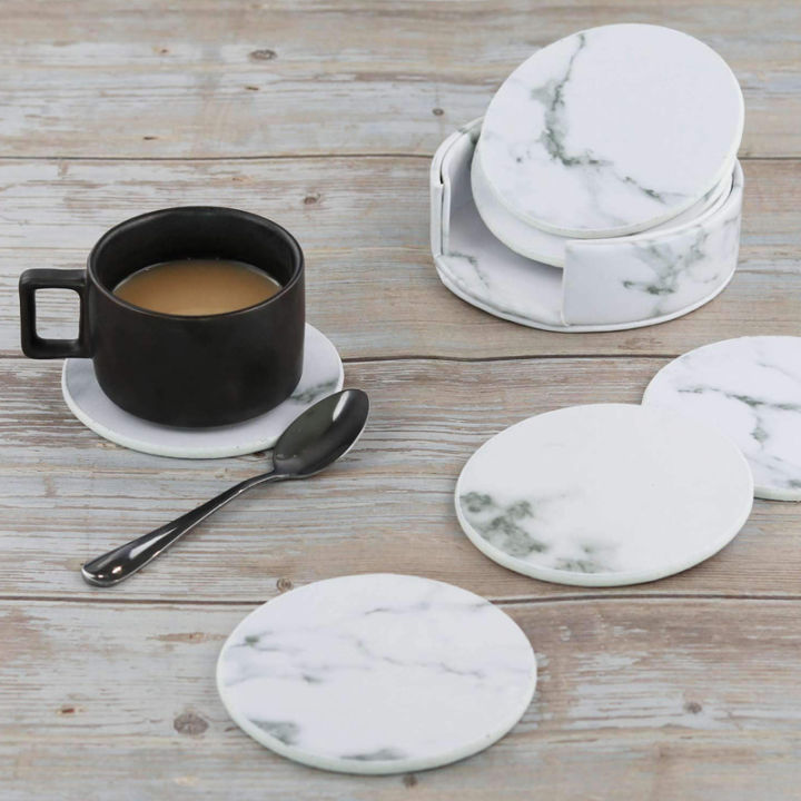 heat-resistant-coaster-round-thickening-marbling-process-round-coaster-leather-coaster-suit-waterproof-coaster