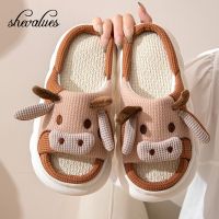 Shevalues Cute Cow Platform Slippers Women Four Seasons New Linen Womens Thick Sandals Home Cartoon Slides Soft Non-slip Shoes