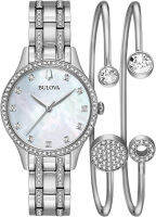 Bulova Ladies Crystal Stainless Steel Box Set with White Mother-of-Pearl 3-Hand Quartz Watch and Gold Tone Crystal Bangles Style: 96X145