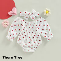 Thorn Tree 2 ชิ้นเด็กทารกหญิง Romper หัวใจพิมพ์แขนยาวคอเรือ Jumpsuits บอดี้สูทพร้อมแถบคาดศีรษะชุดเสื้อผ้า