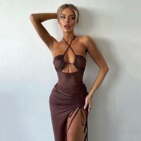 Spice high temperament of open fork hang long neck dress summer female fashion new bind backless dress