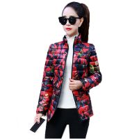 Womens Down Cotton Jacket Autumn Winter Coat Short Printing Light Thin Cotton Coat Female Outerwear Manteau Femme 6XL C117