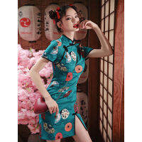 กี่เพ้าจีน ปรับปรุง Cheongsam ย่อหน้าสั้น กำมะหยี่สีทอง ภาษาจีน เสื้อแขนสั้นเซ็กซี่ สวมใส่สบาย สง่างามหวาน