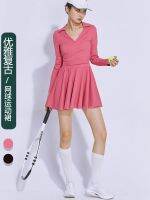 Golf Gear Autumn retro high-waist V-neck tennis sports dress long-sleeved golf separated shorts pleated to cover the flesh and large skirt