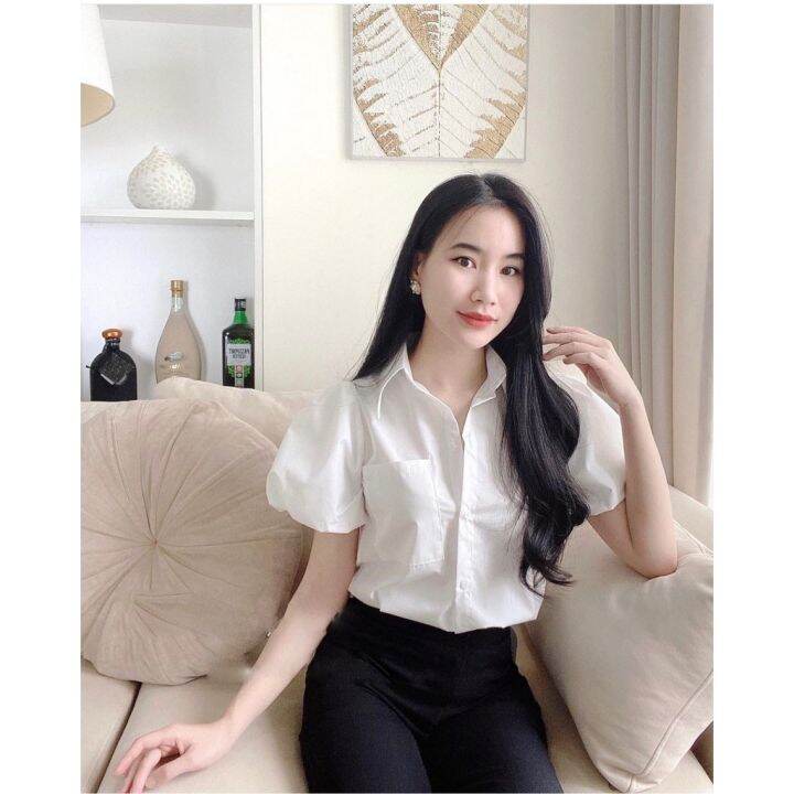 Áo Sơ Mi Nữ Công Sở Tay Bồng Freesize Túi Ngực, Sơ Mi Trắng Cộc Tay Nữ Thời  Trang Chất Mềm Siêu Đẹp | Lazada.Vn