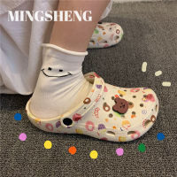 Mingsheng รองเท้าแบบมีรูระบาย Ins การ์ตูนสาวน่ารักหัวใจพื้นหนารองเท้าแตะชายหาดรองเท้าแตะสลิปเปอร์เป่า