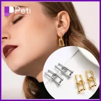 PETI JEWELLERY รูปทรงเรขาคณิต ต่างหูรูปตัวยู โลหะสำหรับตกแต่ง ถอดออกได้ ตุ้มหูทรงกระดุม ที่มีคุณภาพสูง ทองและเงิน ต่างหูแบบห่วง สำหรับผู้หญิง