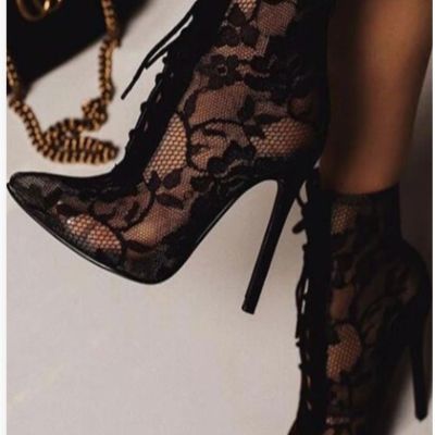 รองเท้าบูทผู้หญิงตาข่ายสีดำ,รองเท้ารองเท้าหุ้มส้นส้นสูงลูกไม้ลายดอกส้นเข็มรองเท้ารองเท้างานแต่งงานปาร์ตี้