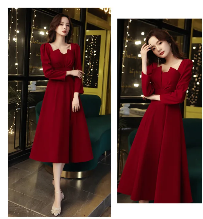 Đầm dạ hội dài xẻ tà lệch vai có 3 màu đỏ đen nâu quyến rũ