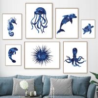 Luyameishop Navy Blue สัตว์ Sea Urchin ปลาดาวเต่า Dolphin Wall Art ภาพวาดผ้าใบสำหรับตกแต่งห้องนั่งเล่น-โปสเตอร์และภาพพิมพ์