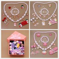 Kids Jewelry with Hairpin Set Girl Cute Cartoon Necklace Hair Accessories with Gift Box for Children Girls Birthday Xmas