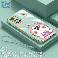 YiaMia เคสโทรศัพท์การ์ตูนโดราเอมอนน่ารักสำหรับ Xiaomi Redmi 12C / 10 / 10C / 10X / 9 / 9A / 9C / 9T / 8 / 8A / 7 / 10 Prime Plus / 5 Plus/A1แบบนิ่มโครเมี่ยมสุดหรูเคสกล้องแบบมีเชือกห้อยคลุมทั้งหมด TPU