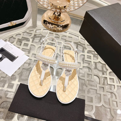 【Original Label】Pinch Toe Sandals Womens Flat Flat Buckle Pearl Flip-flops Fashionable Versatile Sandals Women