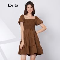 Lovito ชุดเดรสลําลอง แขนพัฟ ทรงเอ สีน้ําตาลมอคค่า L29ED022