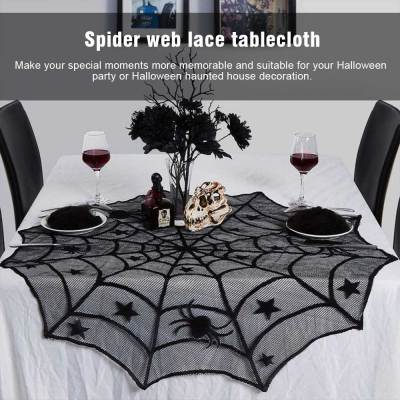 【คลังสินค้าพร้อม】Zir Mall Original Hallowen S-pider Tablecloth ผ้าม่านประตูลูกไม้สีดำ Cobweb เตาผิงปกรองชนะเลิศอันดับตารางสำหรับ Halloween Home Party อุปกรณ์ตกแต่ง