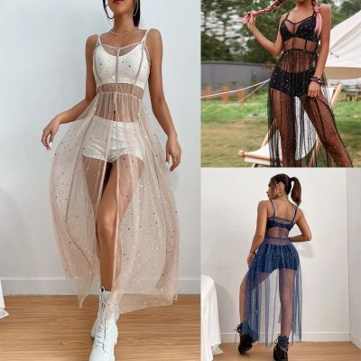 Hot sell Street Halter Mesh Bikini Cover-up Dress See-through Mesh Sexy Slim Dress Beach Holiday Sequined Split Midi Beach Smock Dresses