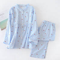 【love beautiful clothes】ชุดนอนผ้าฝ้าย100สำหรับคุณแม่,ชุดให้นมบุตรคอกลมแขนยาวลายทางแนวตั้งใหม่