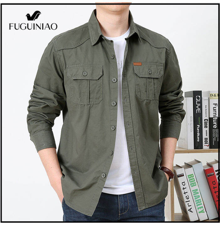 fuguiniao-เสื้อเชิ้ตแฟชั่นลำลองสำหรับผู้ชาย-เสื้อเชิ้ตแขนยาวทรงสลิมฟิต