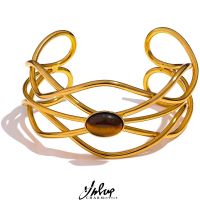 【YF】 Yhpup Fashion Stainless Steel 18k Gold Color Wide Open Cuff Bracelet Bangle Tiger Stone Irregular Geometric Unique Jewelry