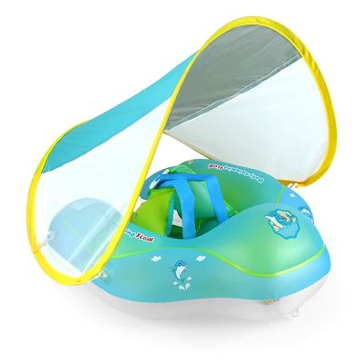 Swimming Baby Inflatable Baby Swimming Float with Bottom Support and Retractable Fabric Canopy for Safer Swims