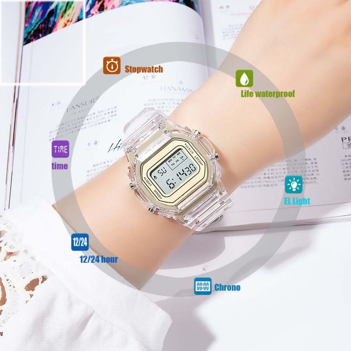 พร้อมส่ง-นาฬิกาดิจิตอล-นาฬิกาข้อมือแฟชั่น-ไฟ-led-ราคาถูก-นาฬิกาข้อมือผู้หญิง-สายใสสไตล์มินิมอล