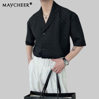 MAYCHEER เสื้อวินเทจ ชาย สไตล์ผู้ใหญ่บางเบา เสื้อเชิ้ตแขนสั้นผู้ชายหลวมเดรปผ้าไหมน้ำแข็งแขนสั้นเสื้อสูทคอปก