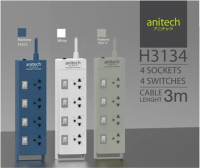 PLUG (ปลั๊กไฟ) Anitech (H3134) ปลั๊กไฟมาตรฐาน มอก. 4 ช่อง 4 สวิตซ์ สายยาว 3 เมตร (มี 3 สี ขาว|เทา|น้ำเงิน) 5Y -ของแท้