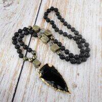 Black Obsidian Women Necklace Raw Pyrites With Gilded Arrowhead Pendant Necklace Girls Beads Lariat Necklace Dropshipping