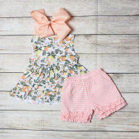 Summer Clothes Set For Baby Girls Multicolor Orange Suspenders Sleeveless Dresses + Pink Lattice Printing Pattern For 1-8T Girl