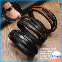 X-STARRY โลหะผสมอัลลอยด์ สร้อยข้อมือหนังแท้ หัวเข็มขัดแม่เหล็กแม่เหล็ก หลายชั้นหลายชั้น เครื่องประดับข้อมือ ของใหม่ เรโทร สร้อยข้อมือโซ่ถัก สำหรับผู้ชาย