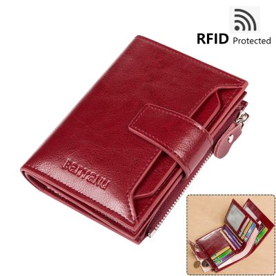 【JH】Genuine Leather Wallets for Women Red Money Purses Zipper RFID Short Womans Small Card Holder Coins Purse Luxury Clutch Wallet