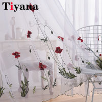 White Sheer Embroidered Peony Flower Curtains Tulle for Living Room Simple Pastoral Window Drapery Bedroom Valance Tulle Curtain